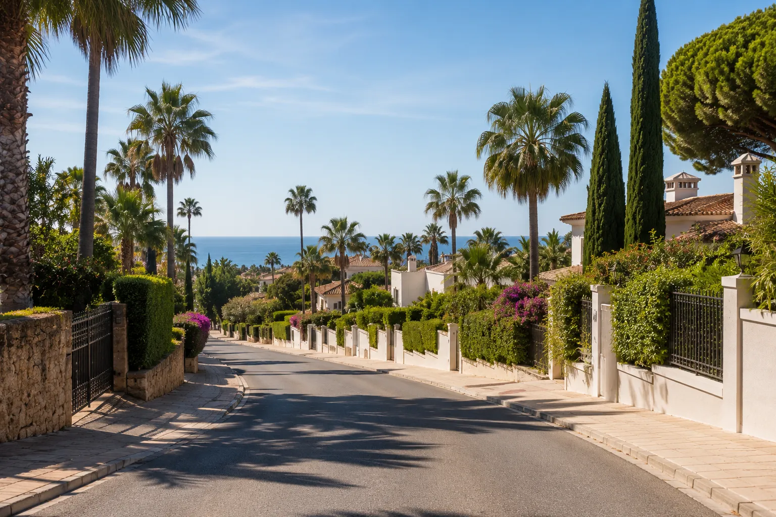 A quiet coastal residential road on the Costa del Sol lined with low-density villas, mature palms and a glimpse of the Mediterranean, illustrating the best areas to live for international families