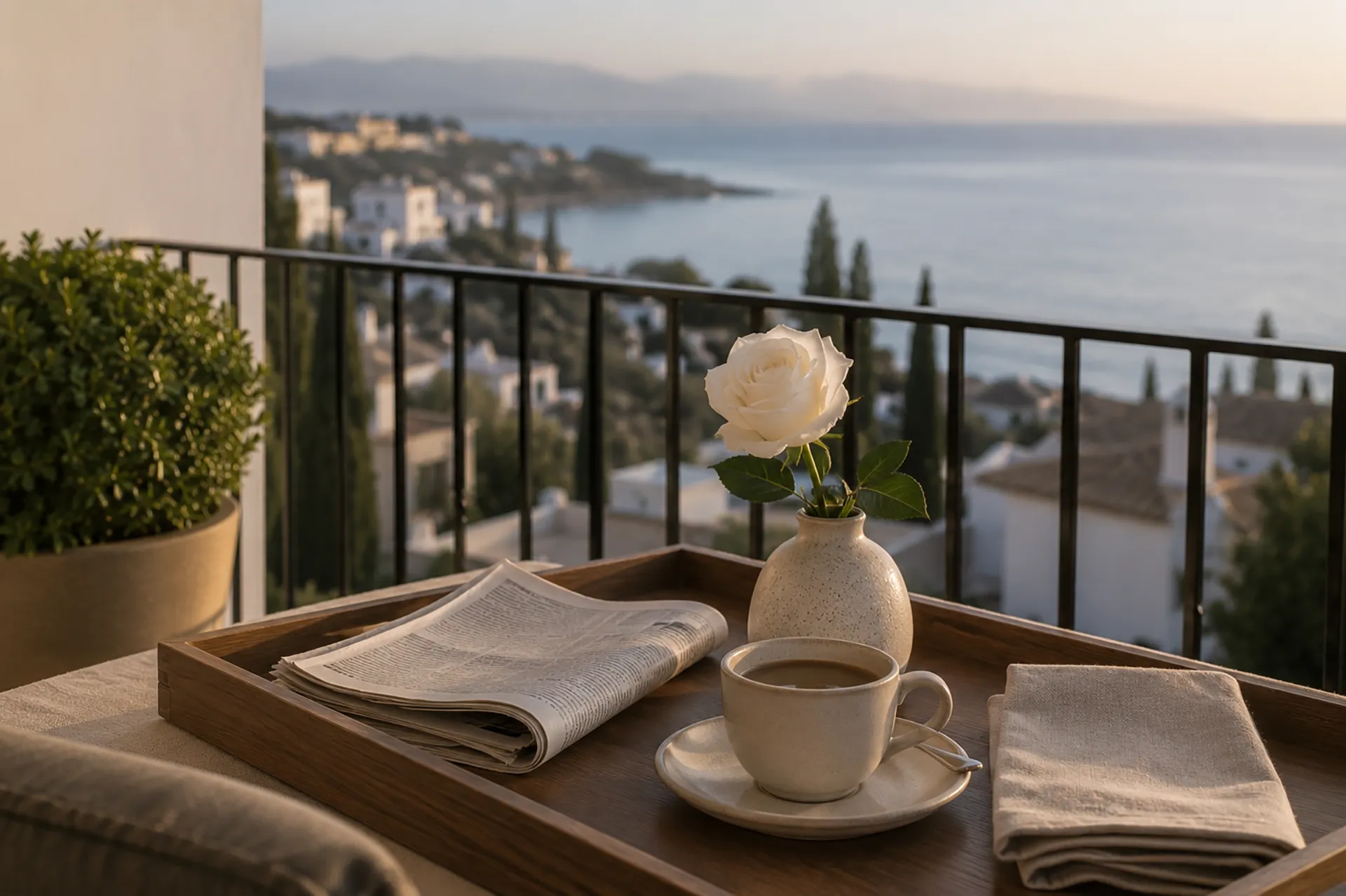 A polished wooden tray on a Costa del Sol branded-residence balcony with a folded newspaper, a single white rose, a ceramic cup of coffee and a linen napkin, representing managed-living service standard