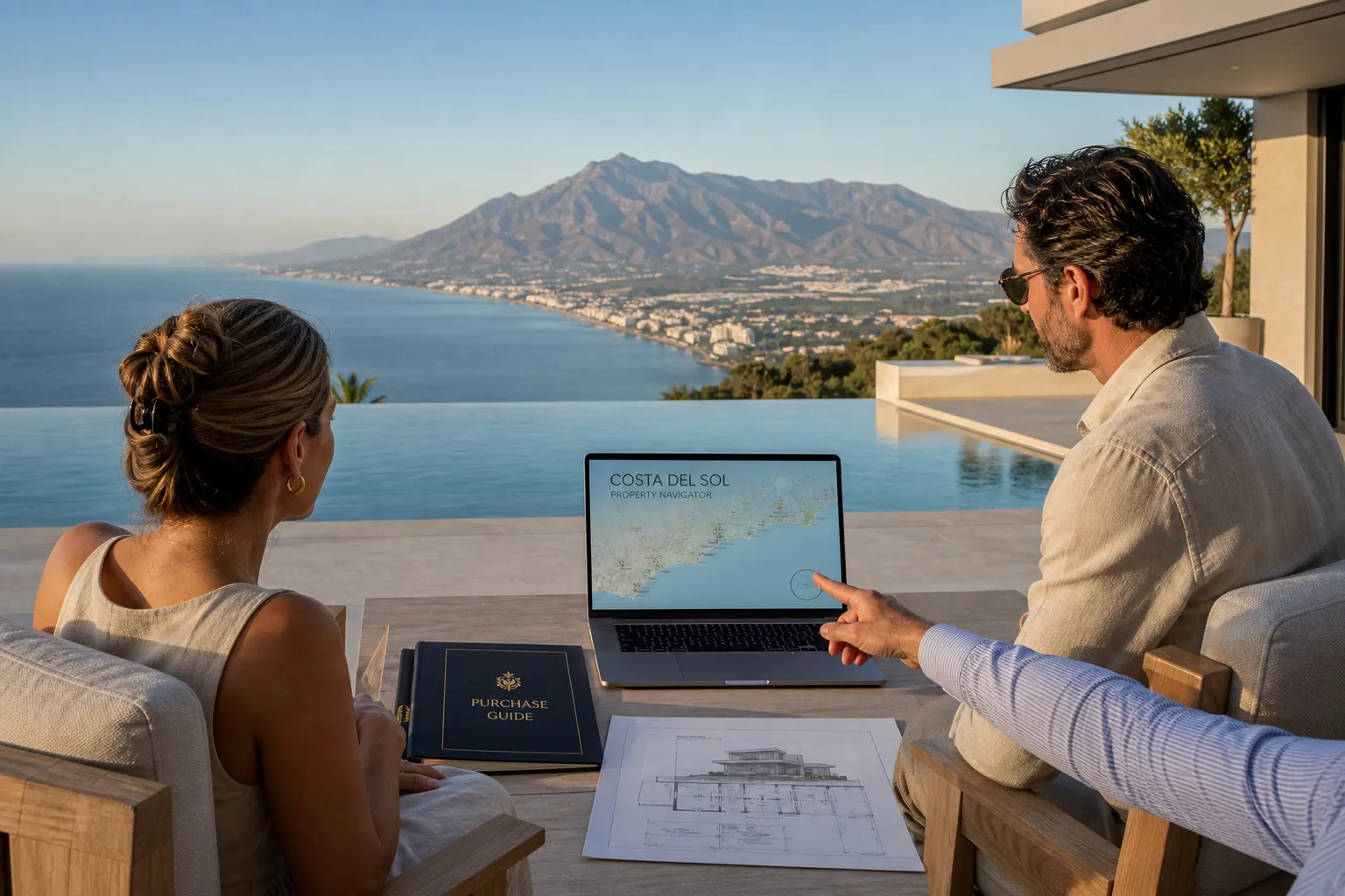 A buying-advisor conversation overlooking Marbella with a Costa del Sol property navigator on screen, framing the considered process of buying property on the Costa del Sol