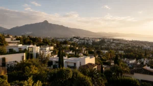 Wide elevated view of Marbella with La Concha mountain and the Mediterranean at golden hour, framing the case for Costa del Sol property investment in 2026