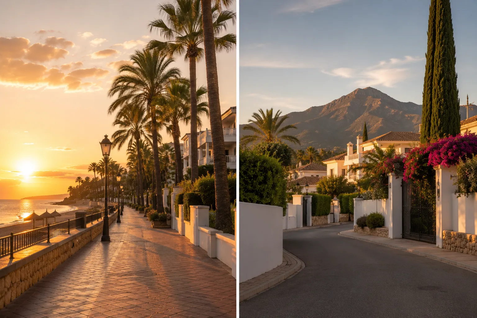 A side-by-side view showing the palm-lined Golden Mile beachfront paseo at sunset and a quiet Nueva Andalucía residential street with La Concha mountain behind, framing the comparison between two Marbella addresses
