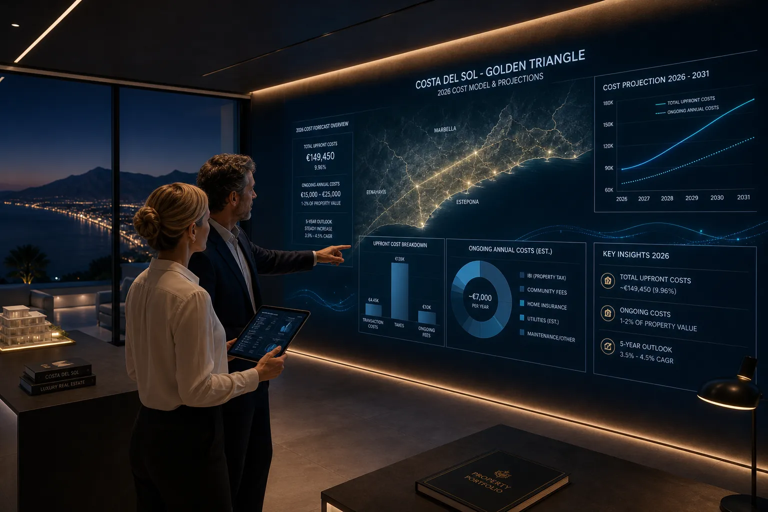 Two advisors at a wall display showing the Costa del Sol Golden Triangle of Marbella, Benahavís and Estepona with 2026 cost model and 2026 to 2031 projections, framing the regional investor view