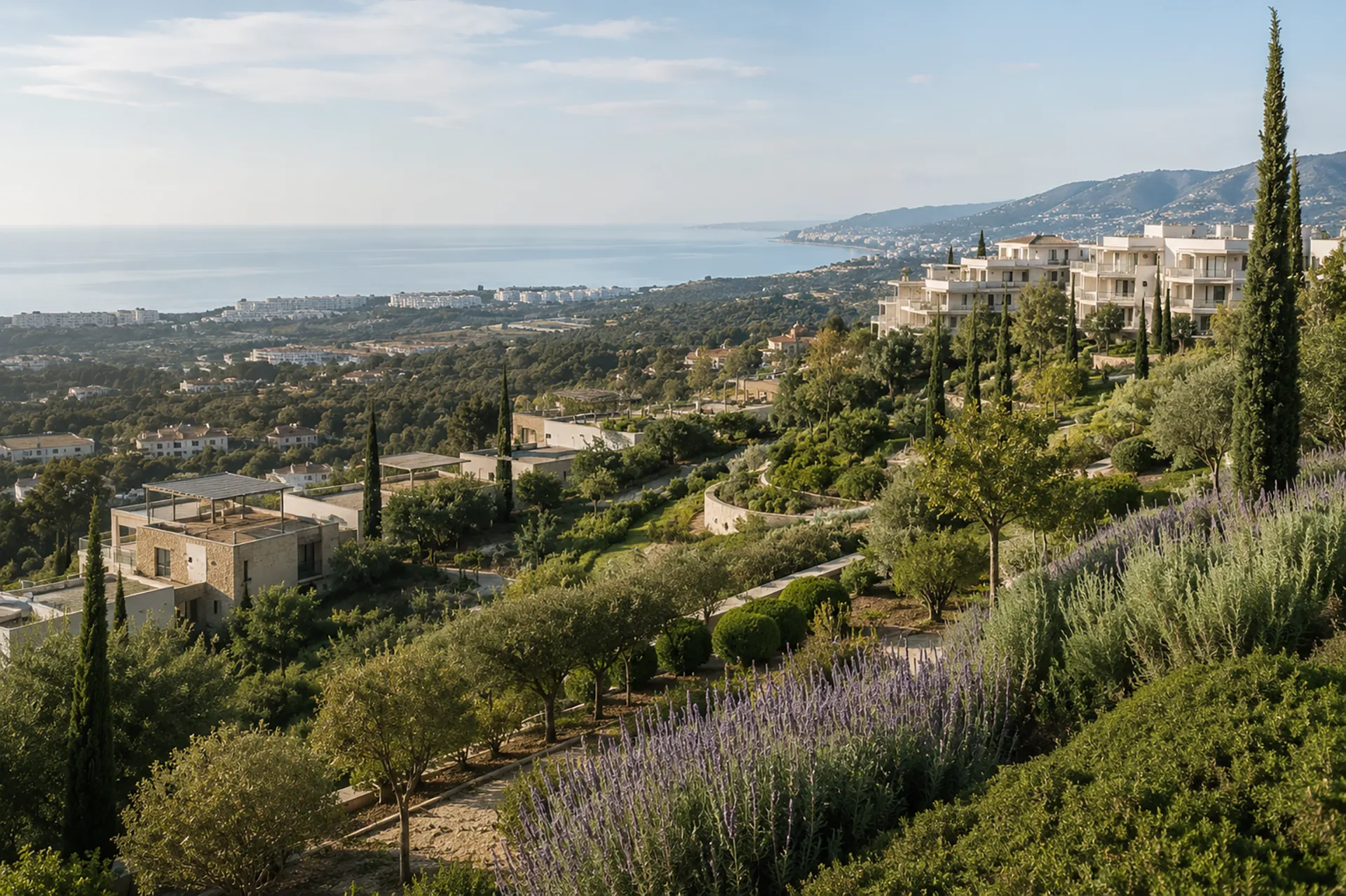 Integrated landscaping with cypress, olive and lavender at a Higuerón-style residential resort near Fuengirola with low-rise pale architecture and the Mediterranean in the distance, representing the branded-residence reference case on the Costa del Sol