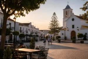 Central pedestrian square of La Cala de Mijas at sunset with the church, terracotta rooftops and empty cafe tables, representing the walkable family-led character of the Mijas Costa