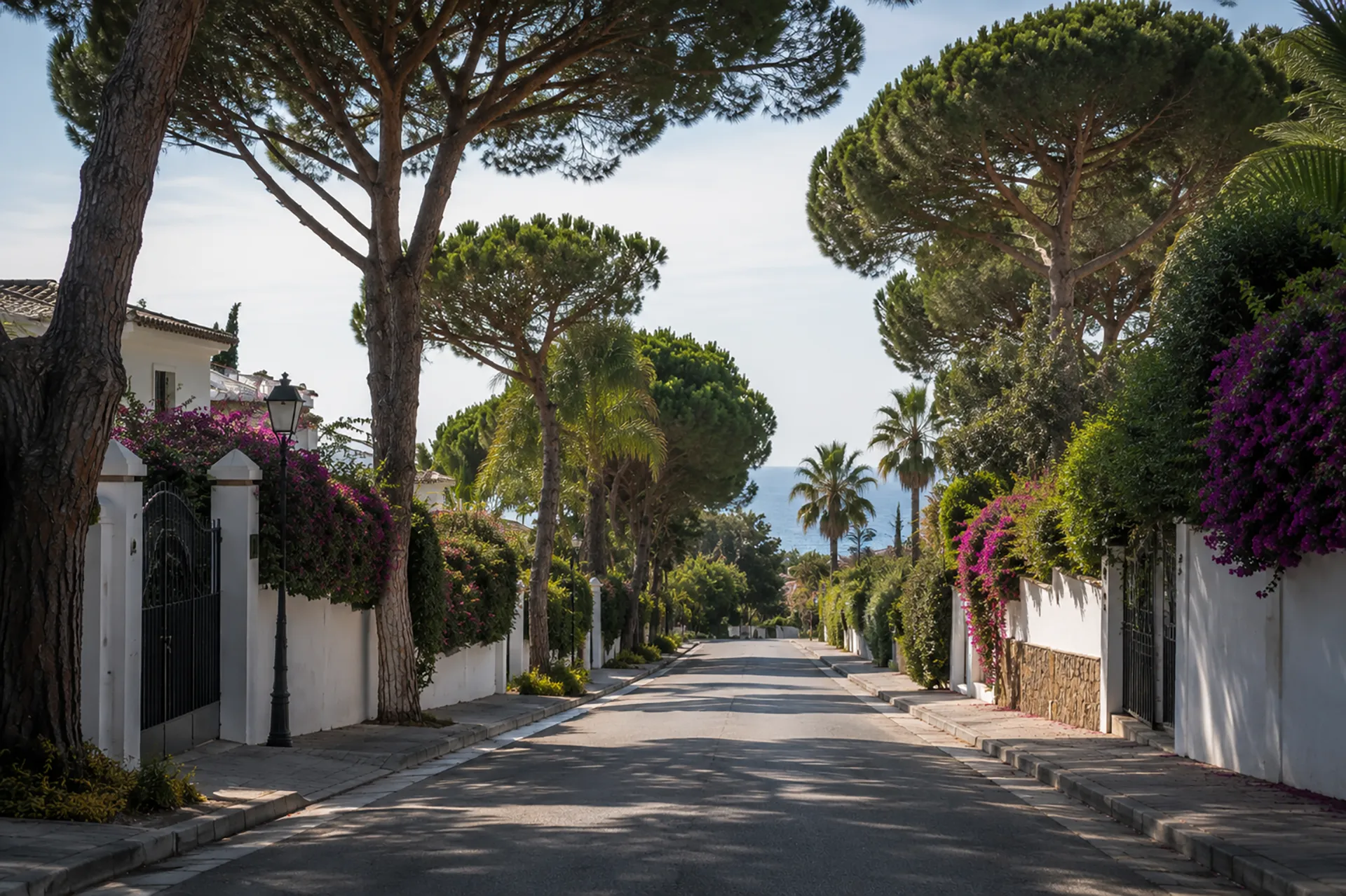 Elviria residential lane in Marbella East with umbrella pines, white villa walls and bougainvillea, representing the beachside family character of Marbella East