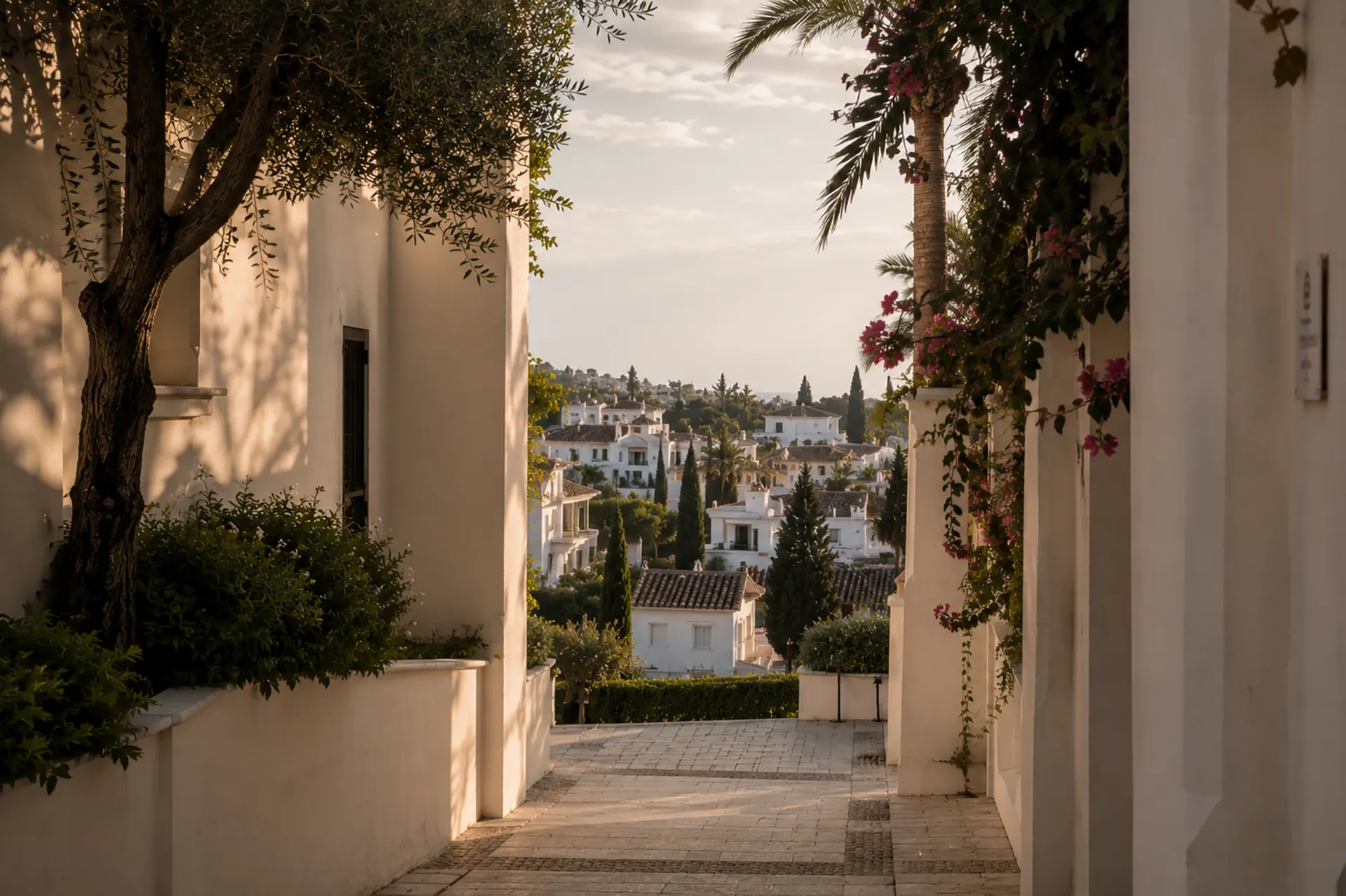 A quiet residential lane on the Marbella East and Mijas Costa corridor with white walls and mature greenery framing a view of the Mediterranean, representing the geographic spread of 2026 demand on the Costa del Sol