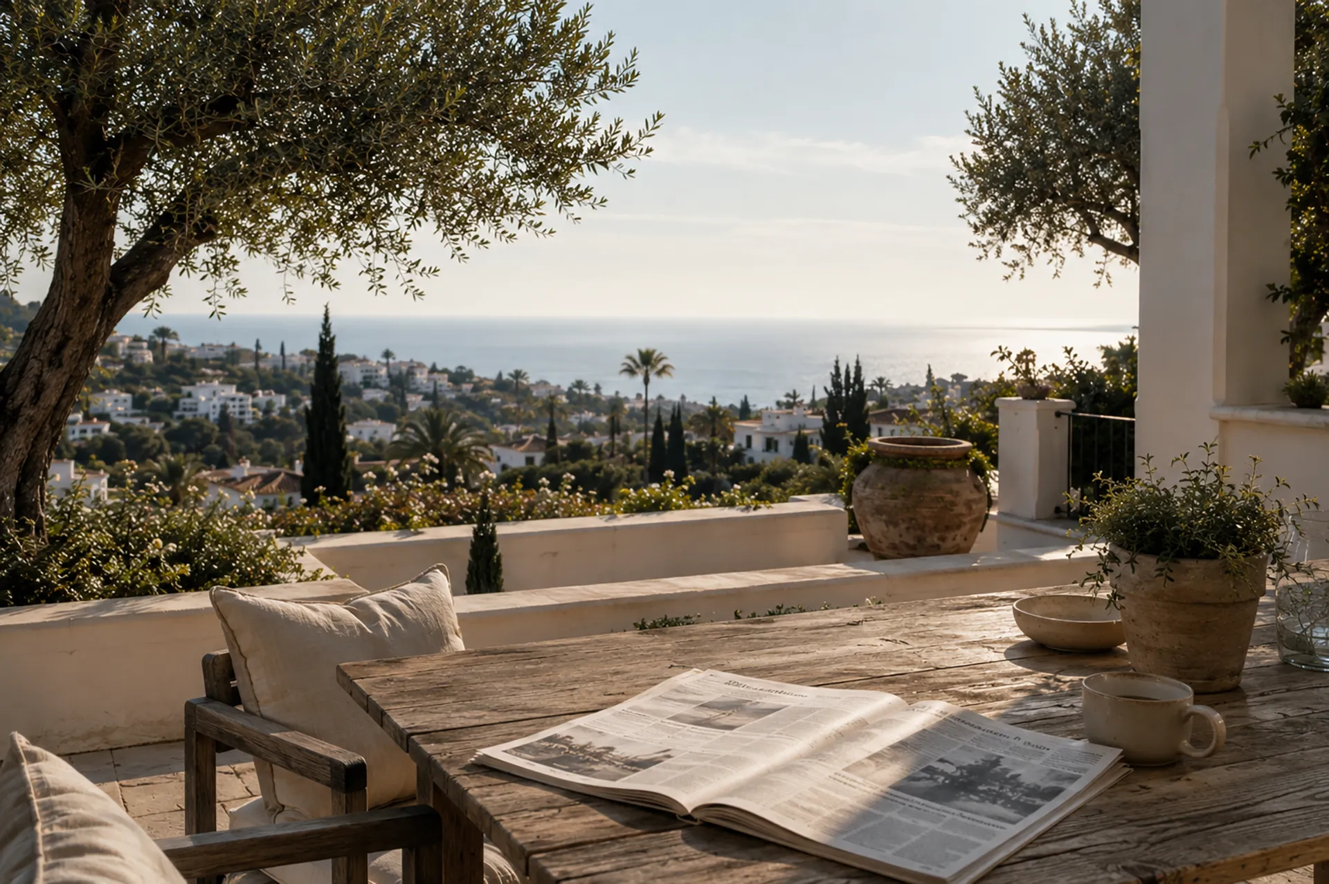 A wooden terrace table with a folded newspaper, a ceramic cup of coffee and an olive tree, with the Marbella coastline and the Mediterranean visible behind, representing a measured reading of the 2026 Marbella property market