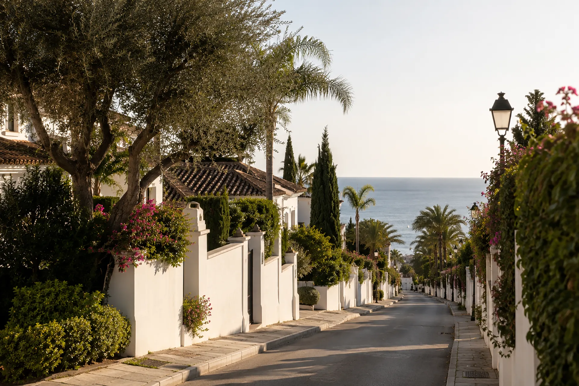 A quiet residential Marbella street with white-rendered walls, palm trees and a glimpse of the Mediterranean, representing the off-market reality of prime Costa del Sol acquisitions
