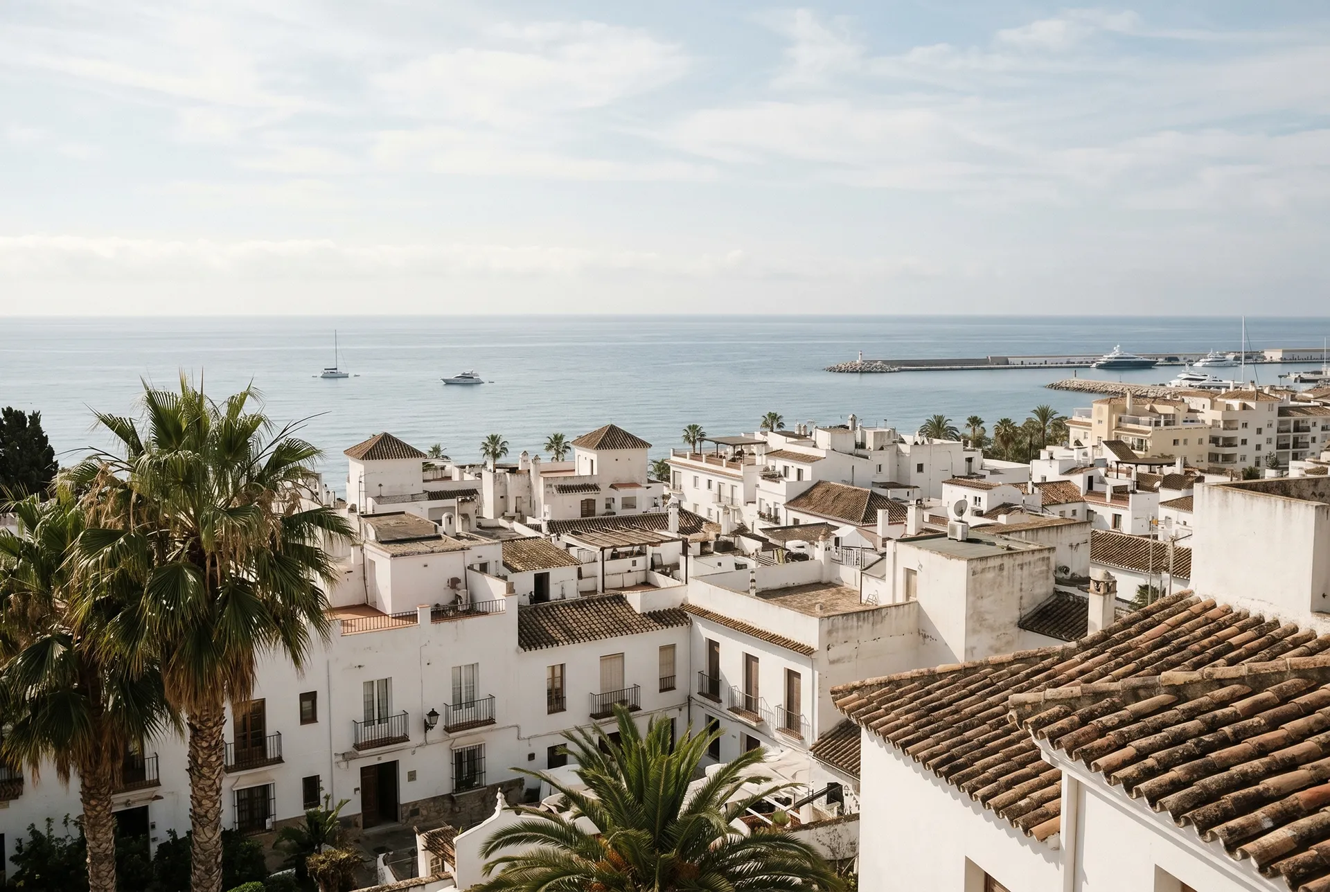 Measured view of Marbella's old town and city edge with whitewashed buildings, terracotta roofs, palm trees and the Mediterranean behind, representing Marbella within the Costa del Sol Golden Triangle