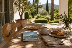 A sun-dappled terrace table in Marbella with a Marbella book, a ceramic cup, a croissant on a plate, a linen napkin and a straw sun hat, framing the daily reality of relocating to Marbella