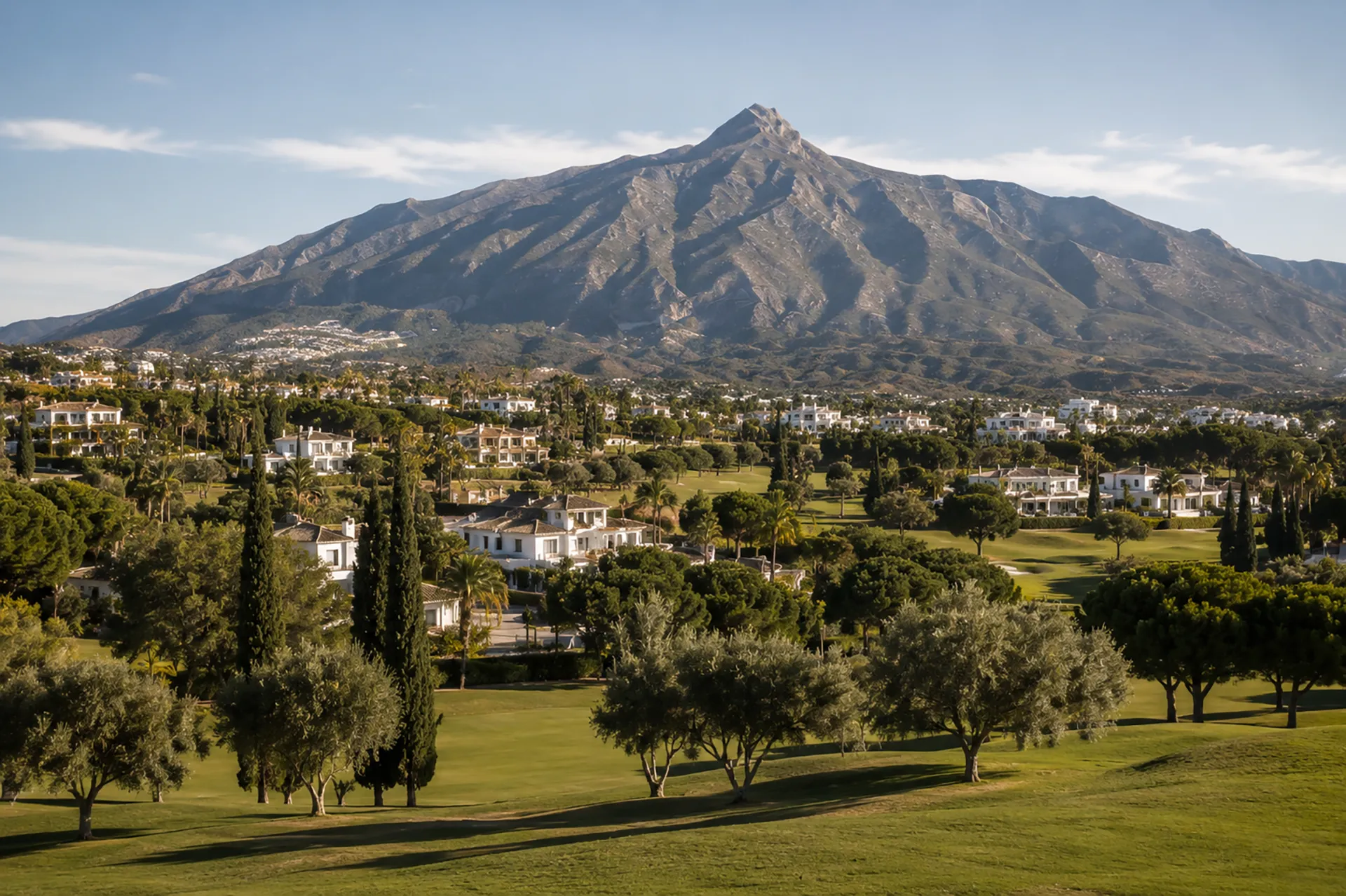Golf landscape in Nueva Andalucía with La Concha mountain behind, representing the golf-valley character of this Marbella area