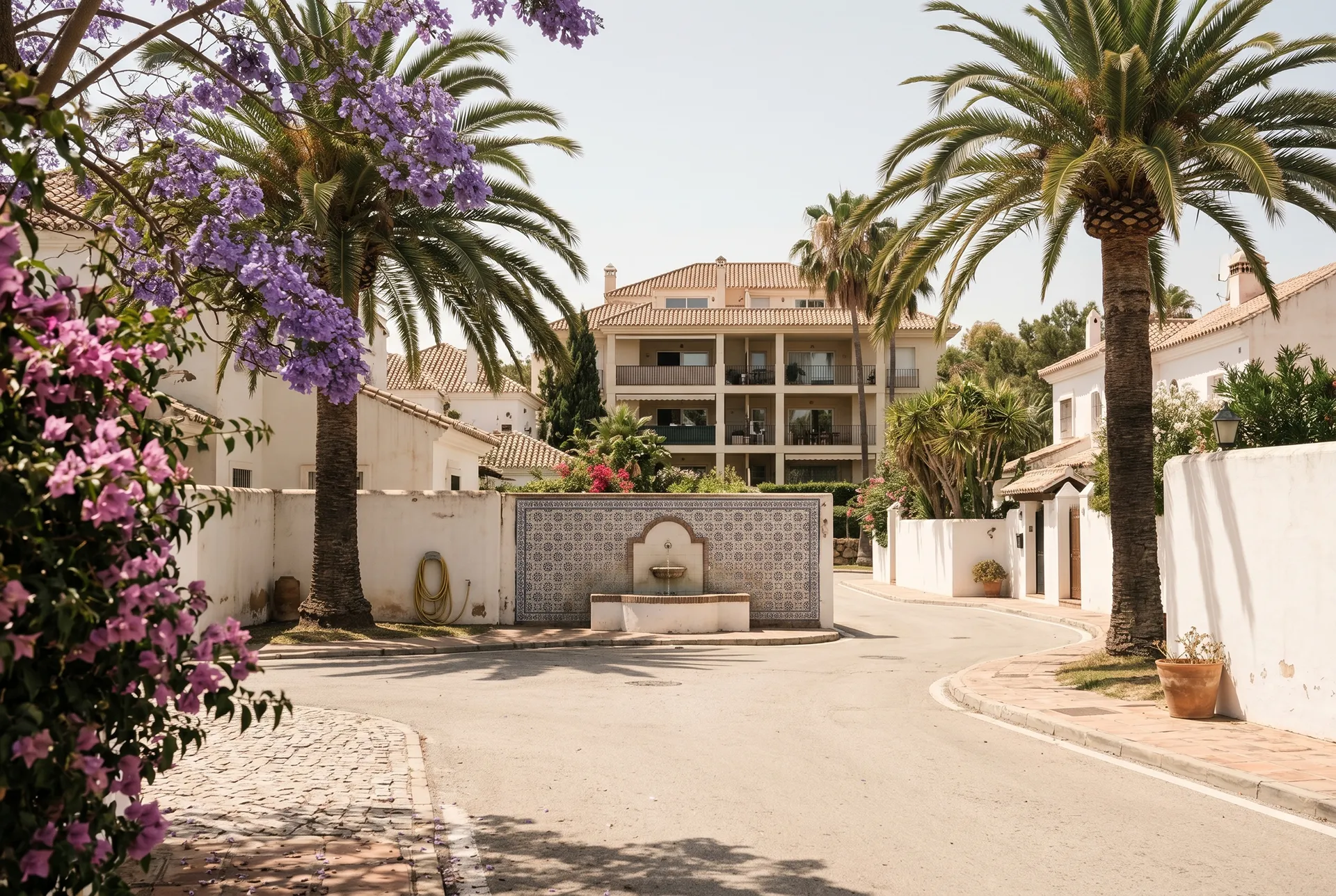 A residential cul-de-sac in Nueva Andalucía with palm trees, white villa walls, a ceramic-tile wall fountain, bougainvillea in the foreground and a tasteful mid-density apartment building visible behind, representing the golf-valley character of this Marbella area