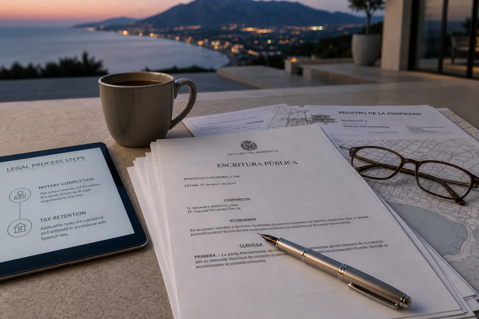An escritura pública from Notaría de Marbella with land-registry note and process steps, representing the notarial step in a Costa del Sol property purchase
