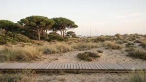 Protected dunes with marram grass and umbrella pines at Artola near Cabopino, with the masts of the small marina visible beyond
