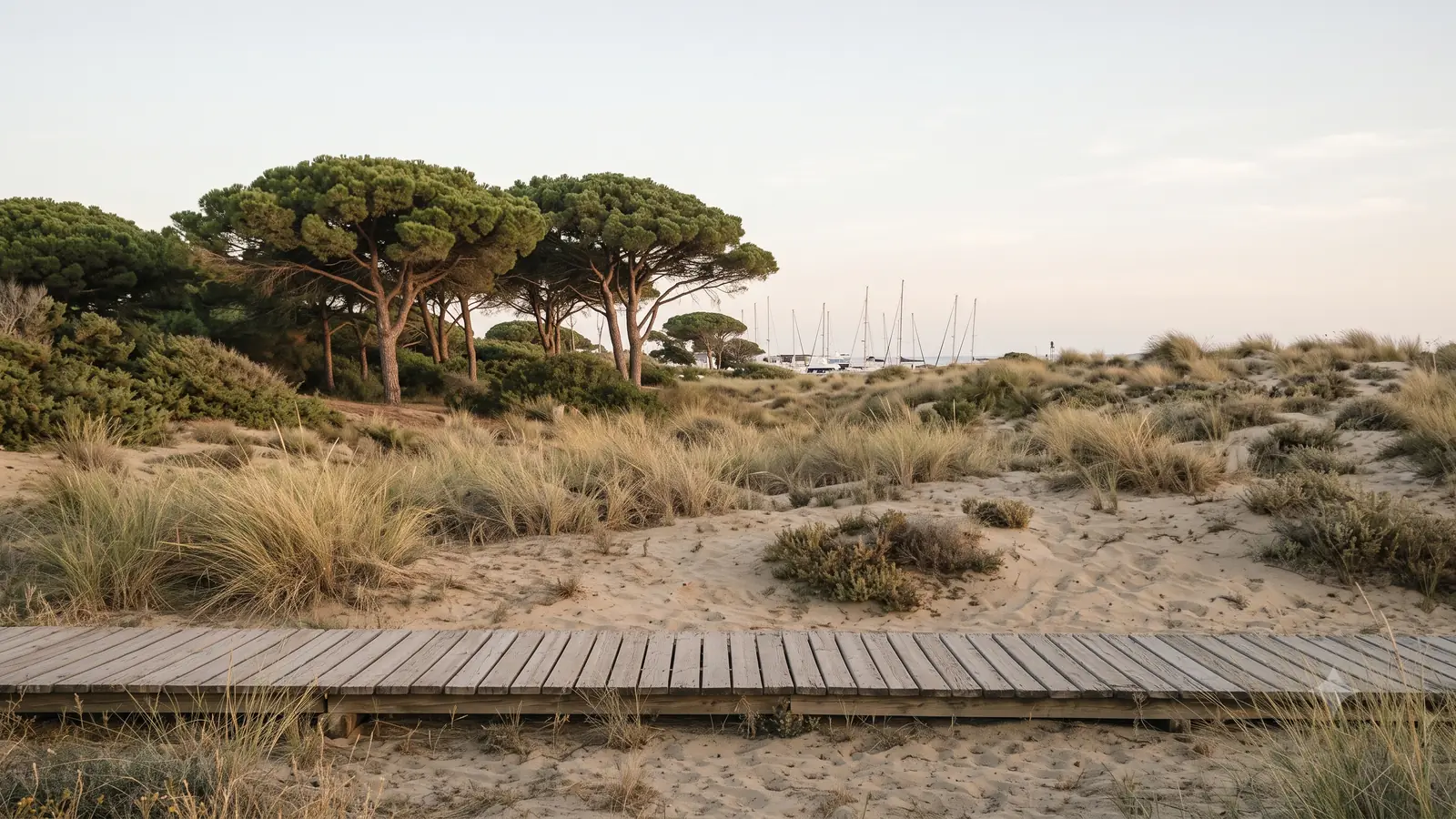 Protected dunes with marram grass and umbrella pines at Artola near Cabopino, with the masts of the small marina visible beyond