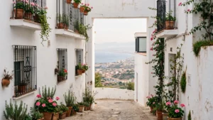 A whitewashed street in Benalmadena Pueblo with geraniums in terracotta pots, opening through an archway onto a view over Arroyo de la Miel and the bay