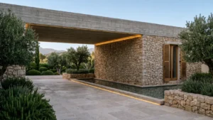 Ankomstgården til en nutidig luksusbolig mellem Marbella og Benahavís med stenfacade, vandspejl og moden beplantning