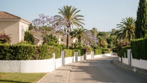 A quiet street of detached villas in El Rosario, Marbella East, with white boundary walls, clipped hedges and a jacaranda in flower behind them