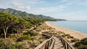 Timber boardwalk through pine-backed dunes at Elviria in Marbella East, leading down to a long sandy beach with wooded foothills behind