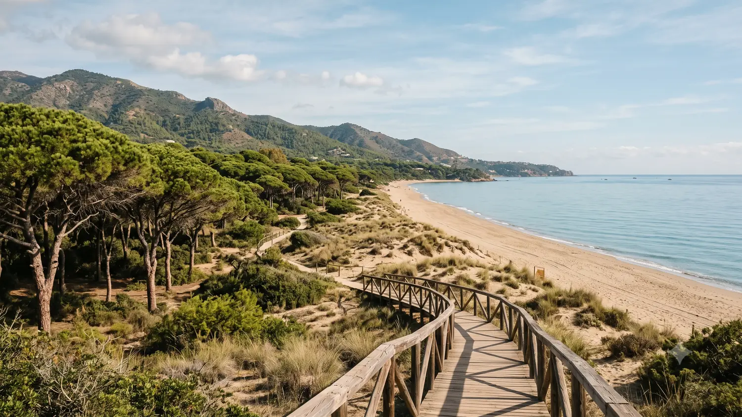 Timber boardwalk through pine-backed dunes at Elviria in Marbella East, leading down to a long sandy beach with wooded foothills behind