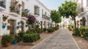 A whitewashed pedestrian street in Estepona densely hung with ceramic flower pots and lined with orange trees, the town known as the Garden of the Costa del Sol