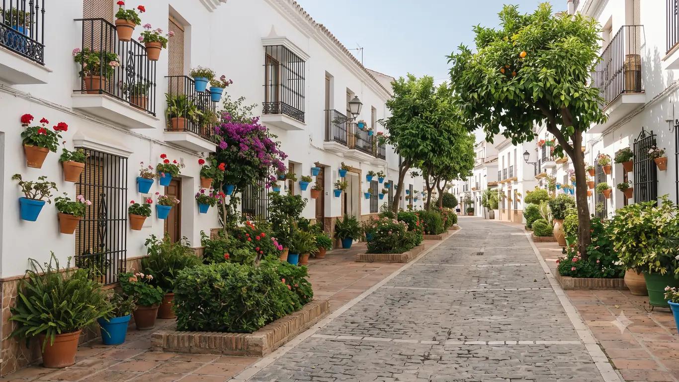 A whitewashed pedestrian street in Estepona densely hung with ceramic flower pots and lined with orange trees, the town known as the Garden of the Costa del Sol