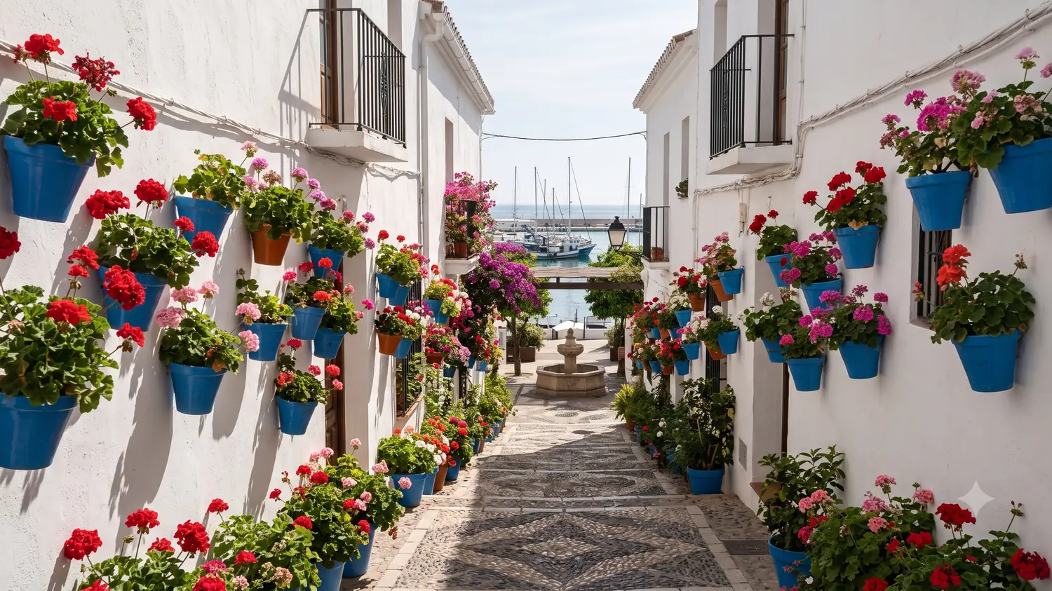 A whitewashed alley in Estepona old quarter hung with geraniums in blue pots, opening onto the marina and its moored fishing boats