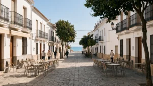 En gade i La Cala de Mijas en klar februarmorgen, hvor caféterrasser står fremme og byen lever videre uden for sæsonen