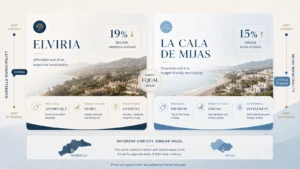 Comparison of Elviria at 19% below the Marbella average and La Cala de Mijas at 15% above the Mijas average, leaving the two at almost equal prices