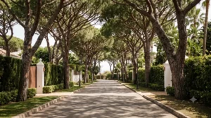 A residential street in Los Monteros, Marbella East, shaded by mature umbrella pines arching over the road between hedged villa entrances
