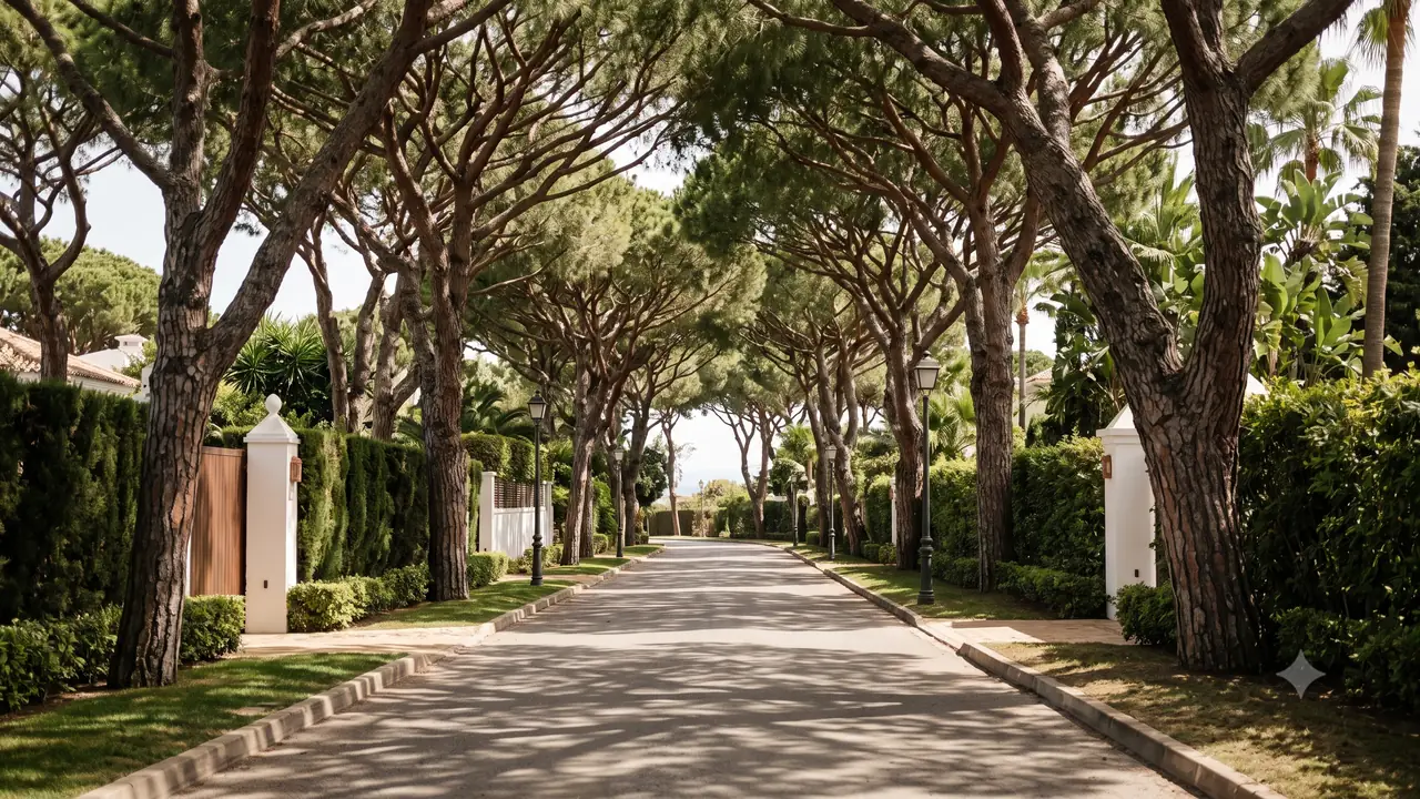 A residential street in Los Monteros, Marbella East, shaded by mature umbrella pines arching over the road between hedged villa entrances