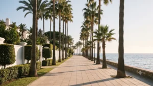 Palm-lined promenade on the Marbella Golden Mile at sunset, with whitewashed villa walls and clipped hedges on one side and the Mediterranean on the other