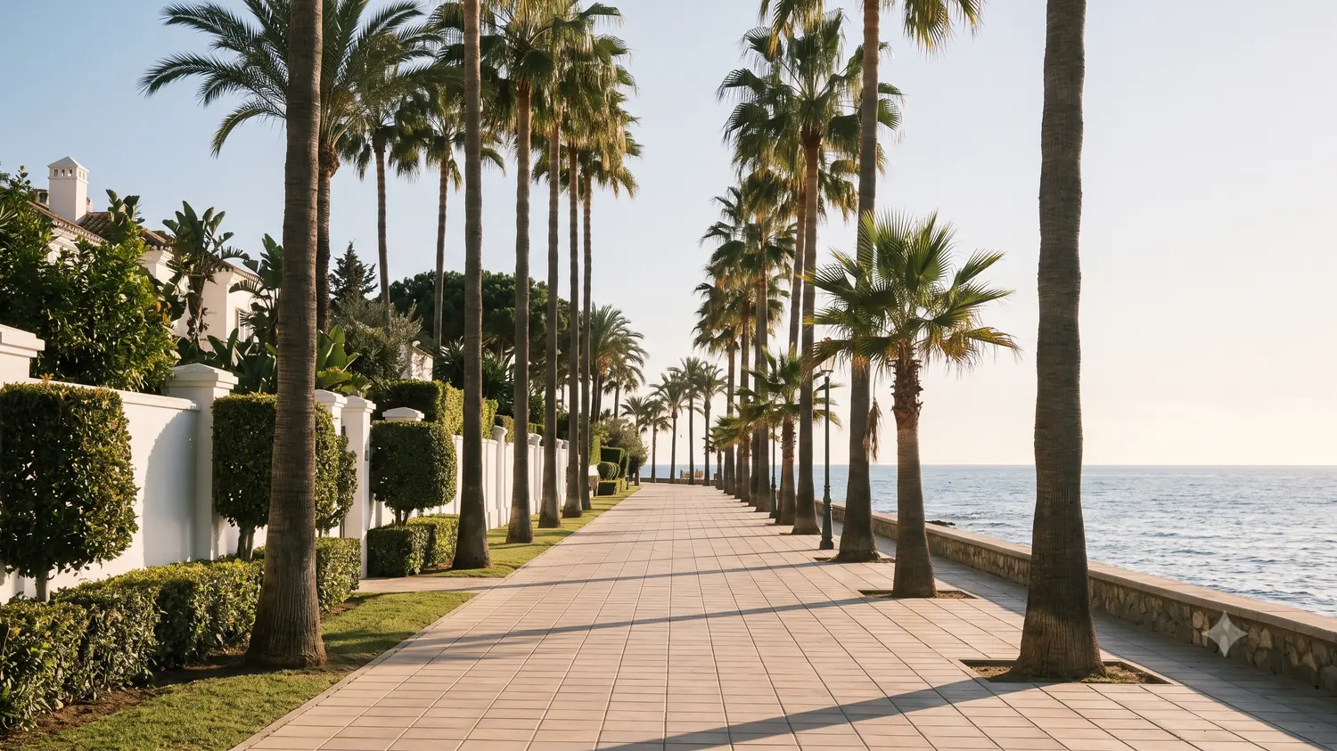 Palm-lined promenade on the Marbella Golden Mile at sunset, with whitewashed villa walls and clipped hedges on one side and the Mediterranean on the other