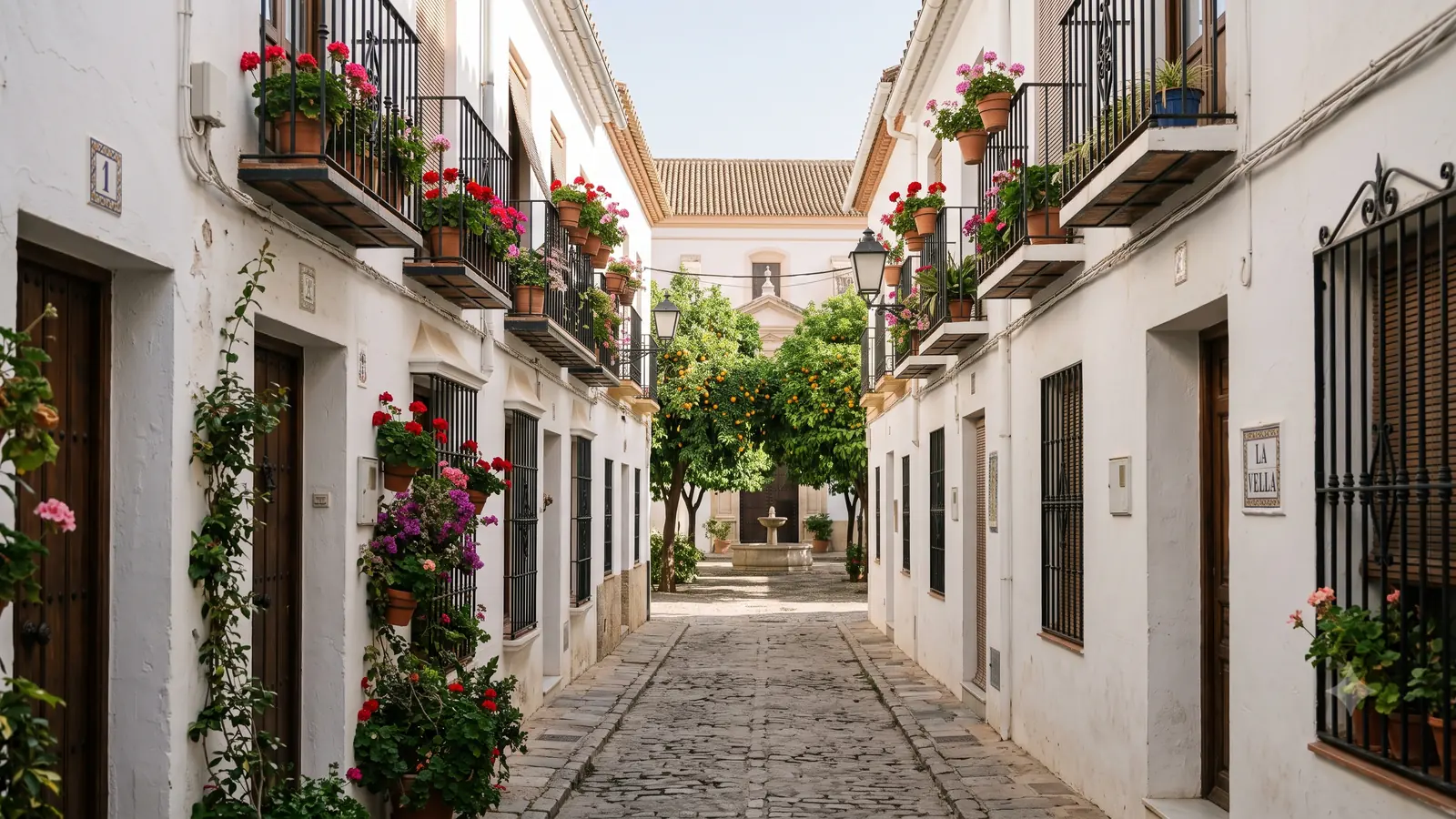 Cobbled street in Marbella Old Town with whitewashed walls, geranium-filled balconies and an orange-tree square with a fountain at the far end