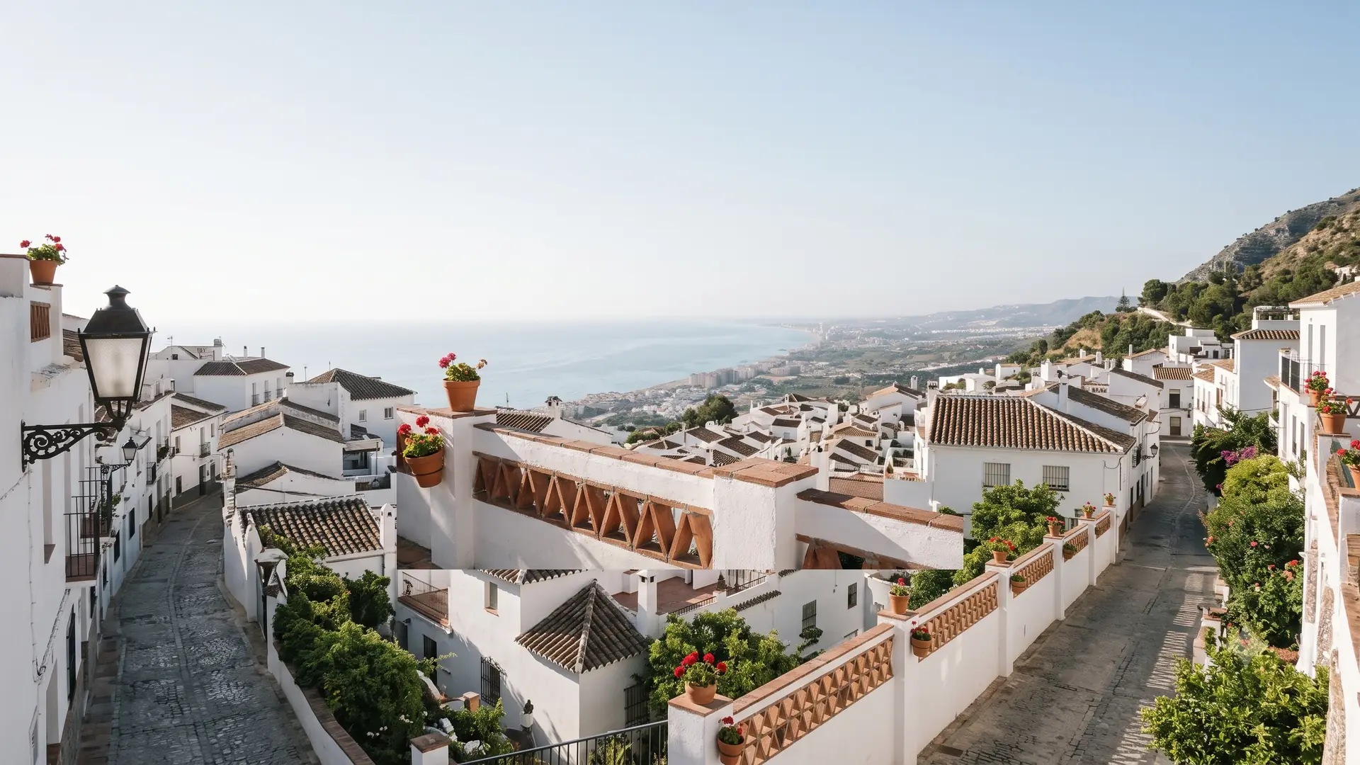 View from Mijas Pueblo over the whitewashed rooftops of the village to the bay and the coastline far below