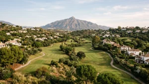 The Nueva Andalucia golf valley in Marbella, with fairways, mature trees, villas on the surrounding slopes and La Concha mountain behind