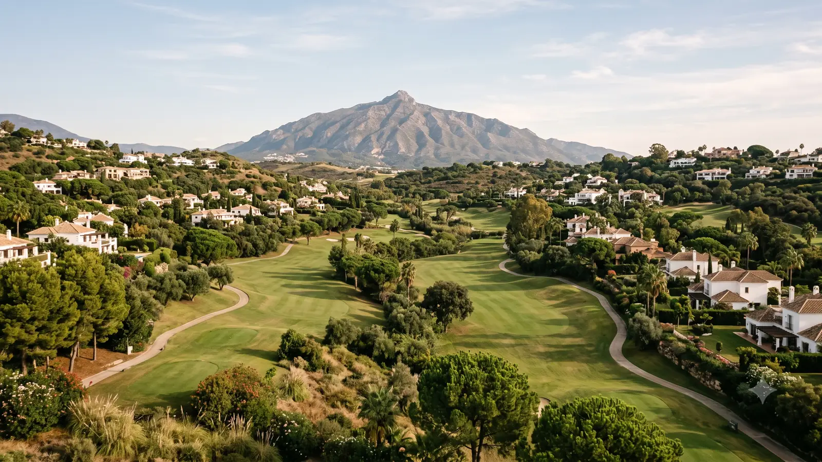 The Nueva Andalucia golf valley in Marbella, with fairways, mature trees, villas on the surrounding slopes and La Concha mountain behind