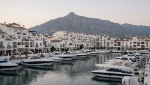 Motor yachts moored at Puerto Banus marina in Marbella, backed by the whitewashed apartment terraces of the harbour and La Concha mountain