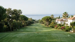 A fairway at Rio Real golf course east of Marbella running downhill between mature pines and palms toward the Mediterranean