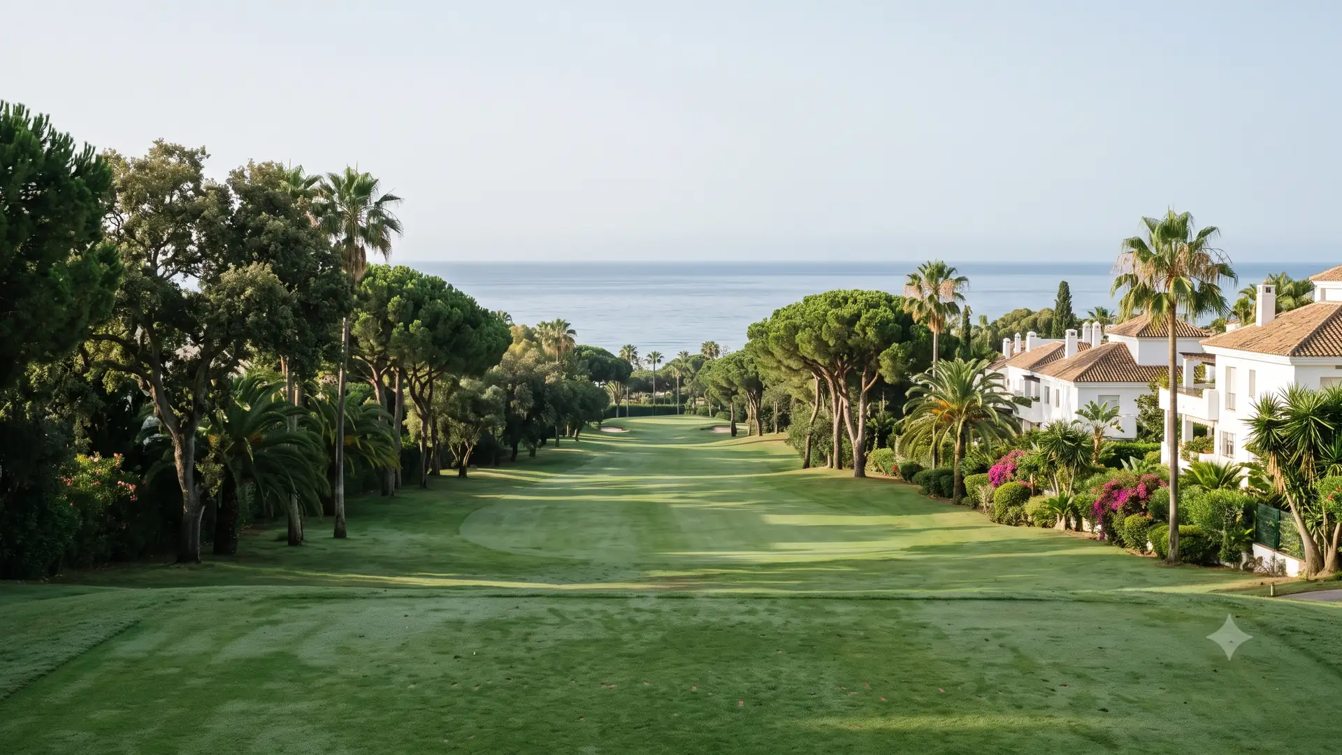A fairway at Rio Real golf course east of Marbella running downhill between mature pines and palms toward the Mediterranean