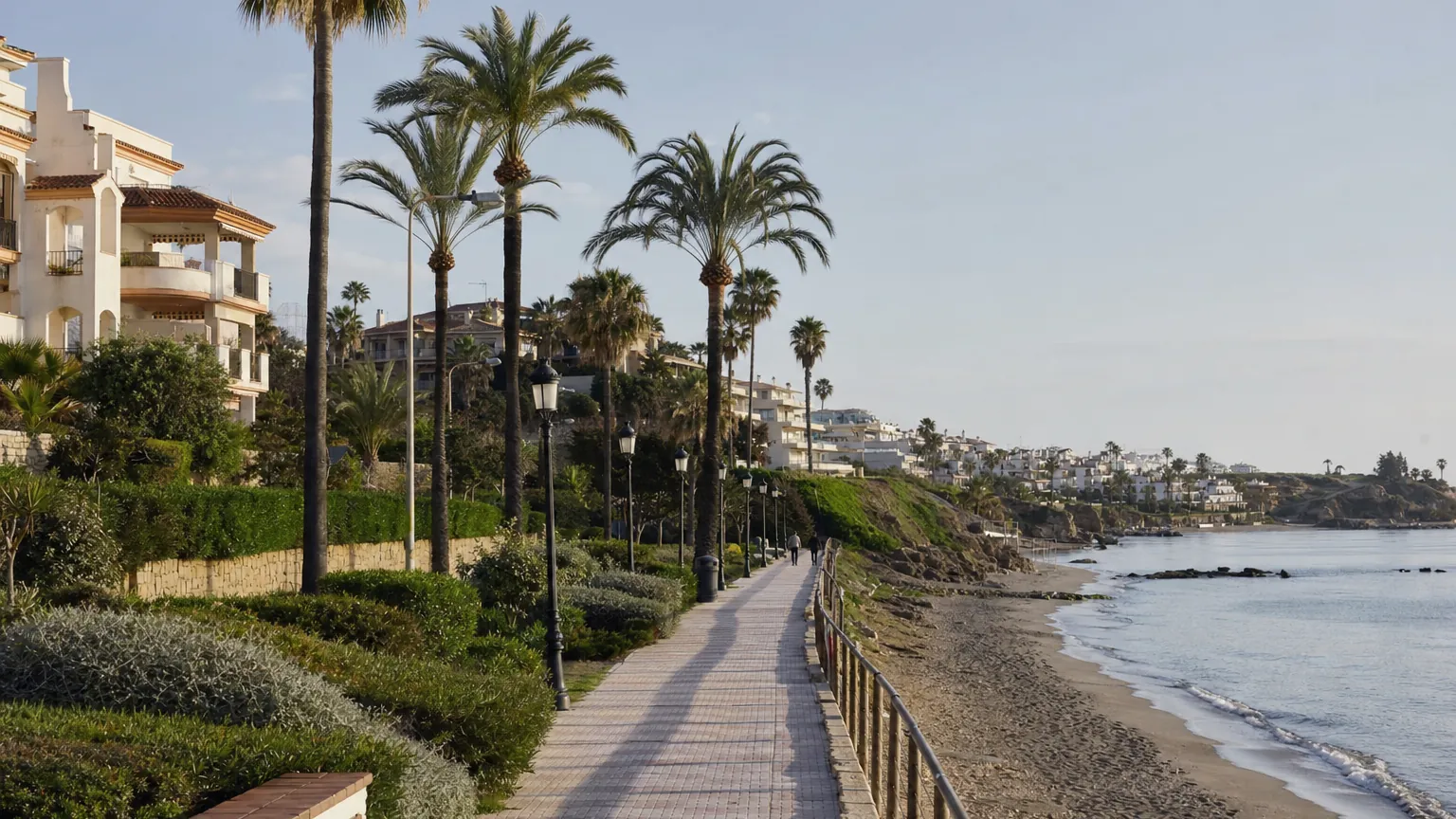 The palm-lined seafront promenade at Riviera del Sol on eastern Mijas Costa, running along the beach past low-rise residential blocks