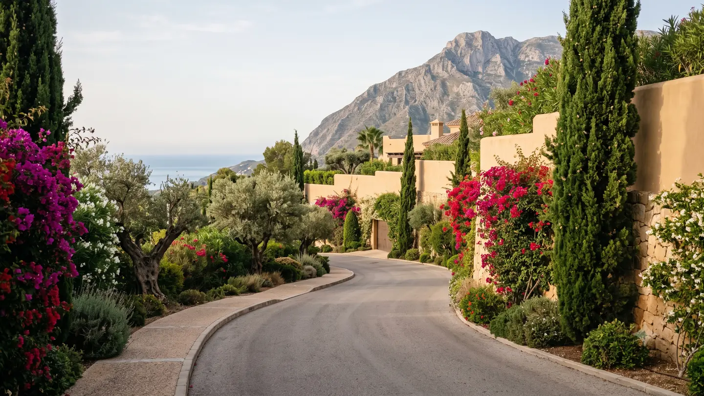 A quiet approach road in the gated Sierra Blanca area above Marbella, lined with bougainvillea, olive and cypress below the rock face of La Concha