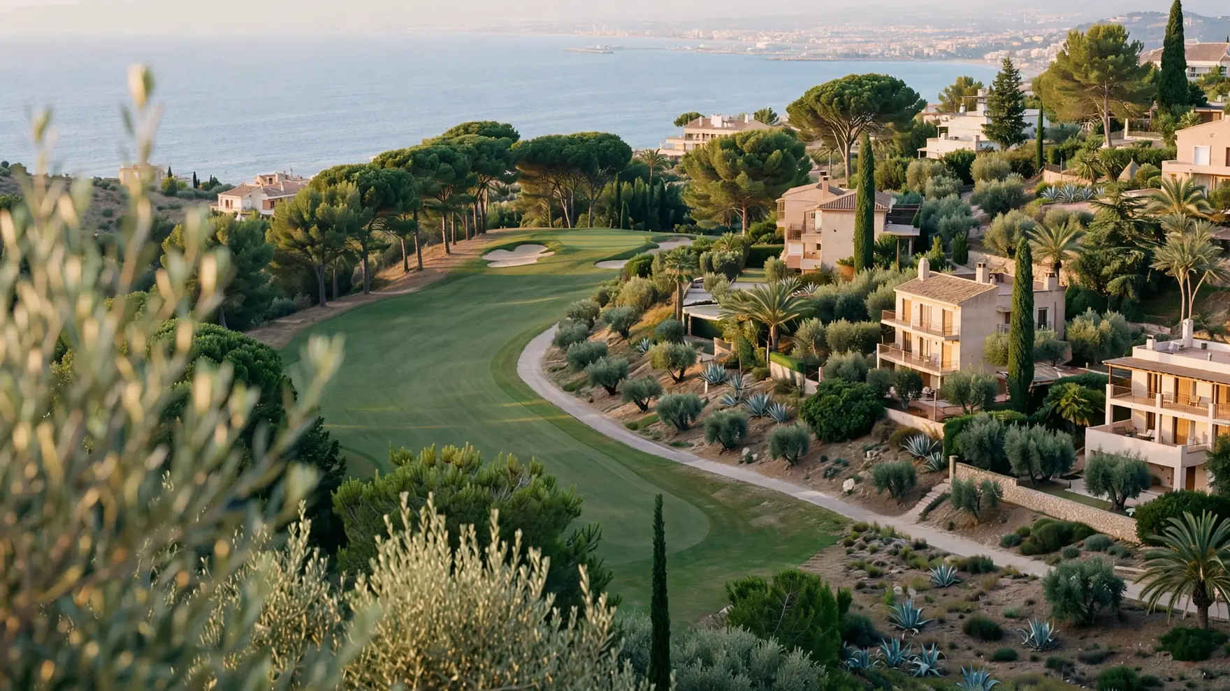 The Torrequebrada golf hillside in western Benalmadena, with a fairway curving between sea-view villas and olive planting above the Mediterranean