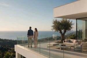 Northern European couple on a modern villa terrace in the hills above Marbella looking out over the Mediterranean