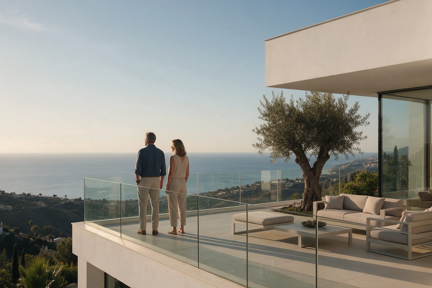 Northern European couple on a modern villa terrace in the hills above Marbella looking out over the Mediterranean