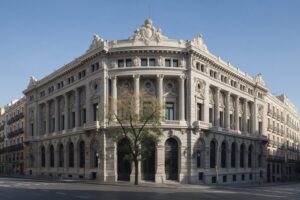 Ornate 19th-century central bank building on a Madrid street corner in morning light
