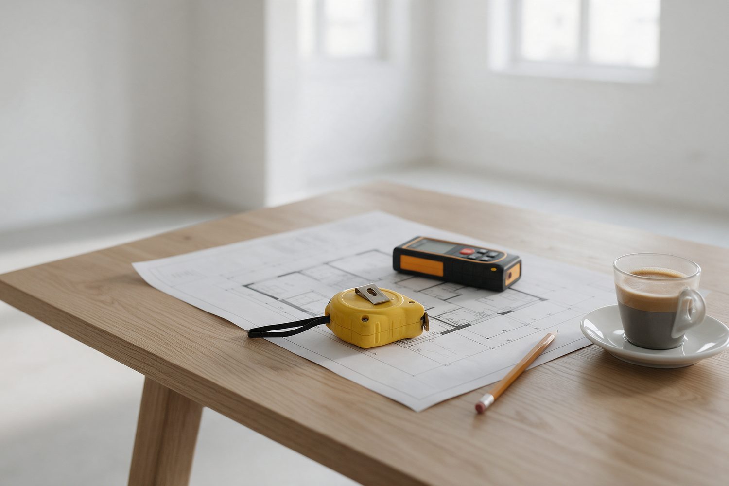Floor plan, tape measure and laser distance meter on a table in an empty bright apartment