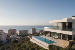 Modern hillside villa with infinity pool above ordinary apartment blocks on the Spanish coast