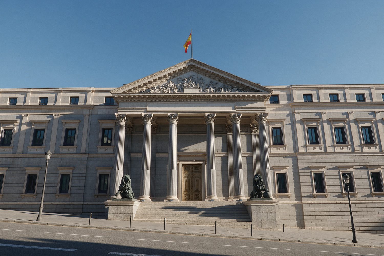 Neoclassical parliament building in Madrid with columns, bronze lions and the Spanish flag