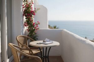 Holiday apartment terrace on the Costa del Sol with keys and papers on a bistro table and the Mediterranean behind